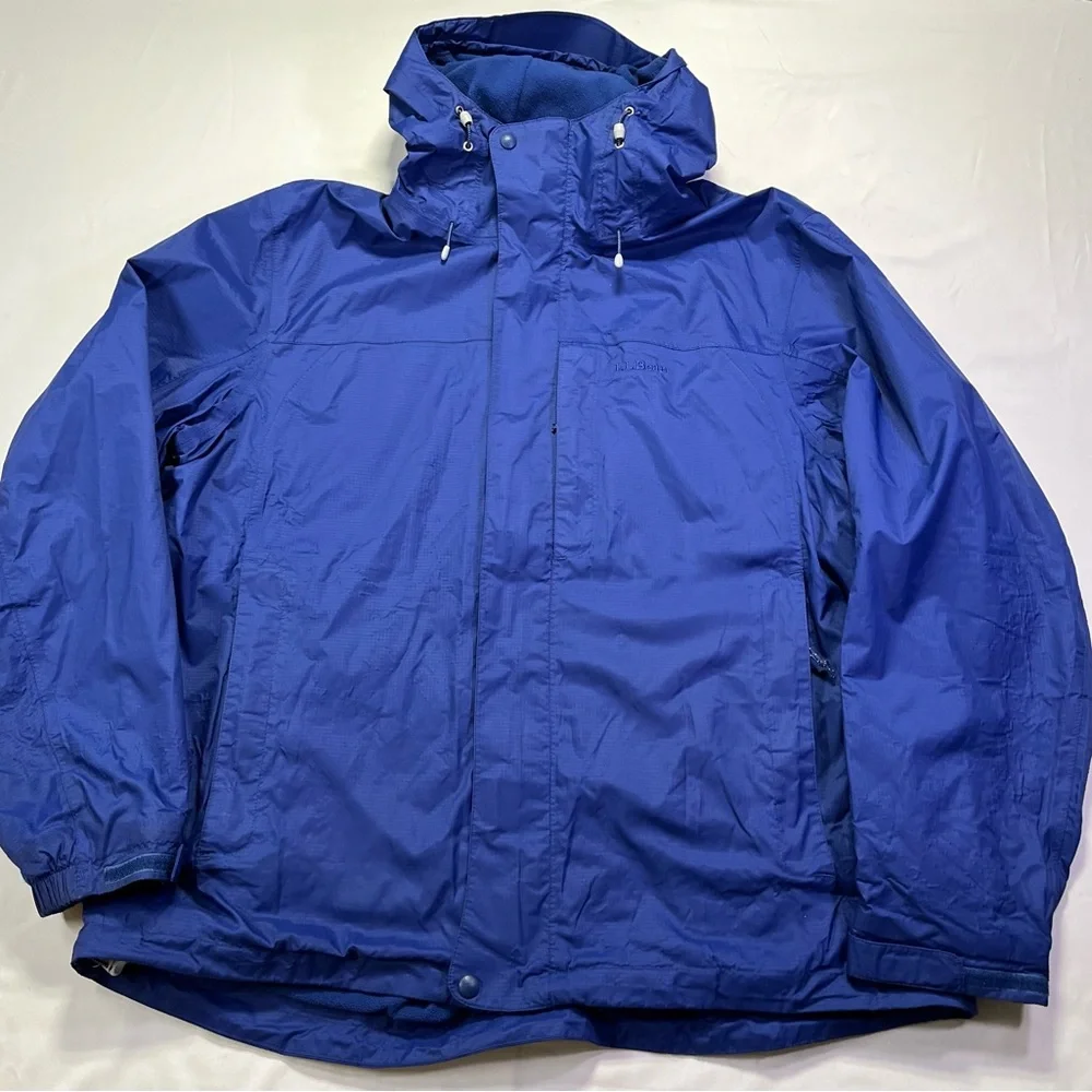 LL Bean Mens Fleece Lined Jacket Waterproof Blue Hooded -  XL